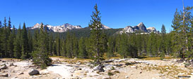 The beginning of the hike near Glen Aulin trailhead. Cathedral Peak amidst the domes in the high Sierra to the south.