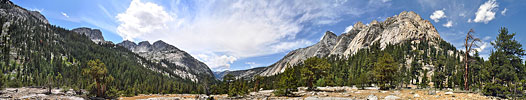 West of the swinging bridge and after leaving the JMT, the Woods Creek trail descends through Castle Domes valley, one of my favorite of the trip