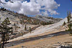 The creek becomes a water slide into a granite landscape